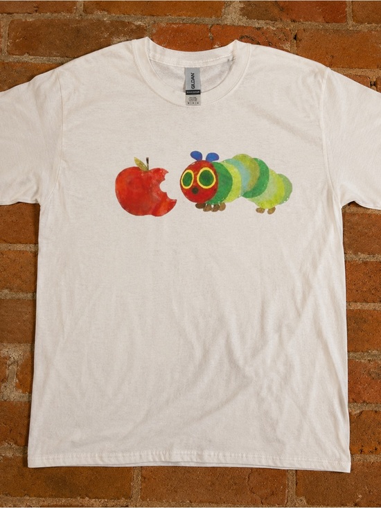 Gildan Tops - Gildan White Kids Tee with Colorful Caterpillar & Red Apple Graphic